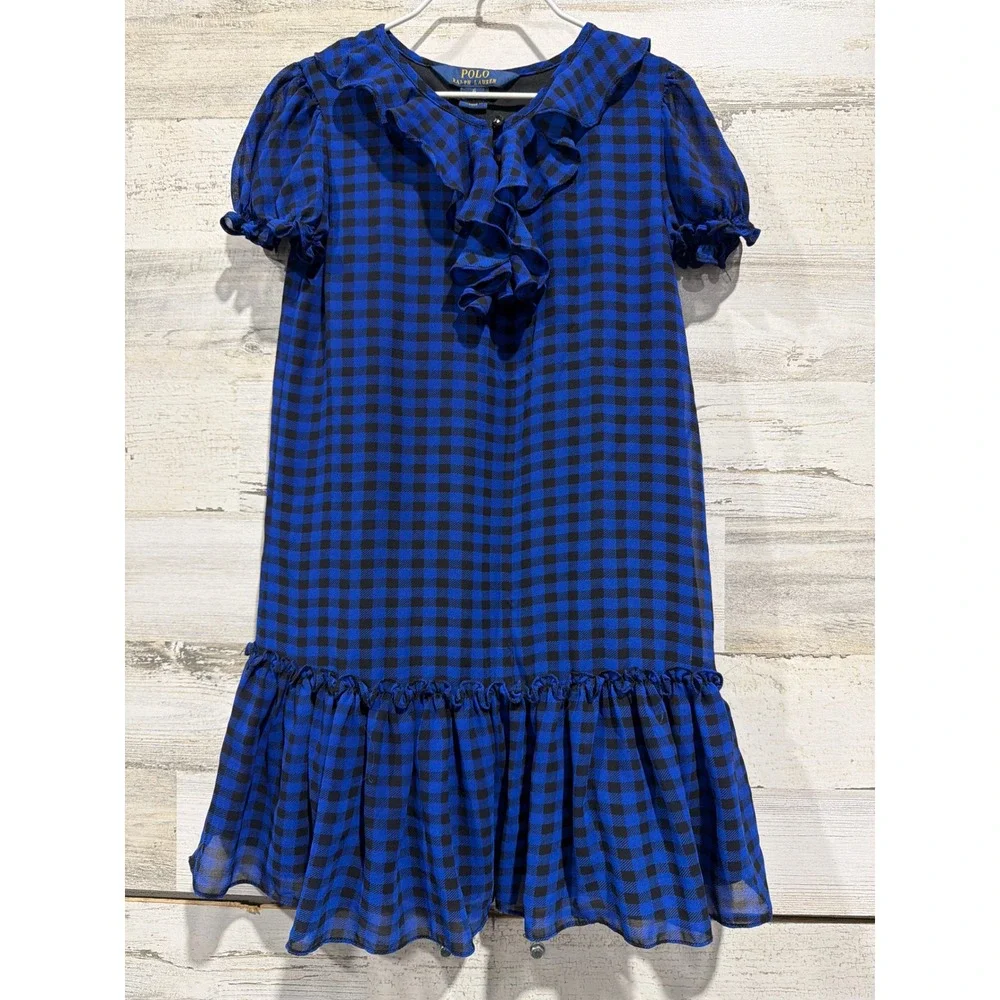 Polo Ralph Lauren Dress Girls 6 Blue Gingham Ruffle Puff Sleeve Preppy GUC*